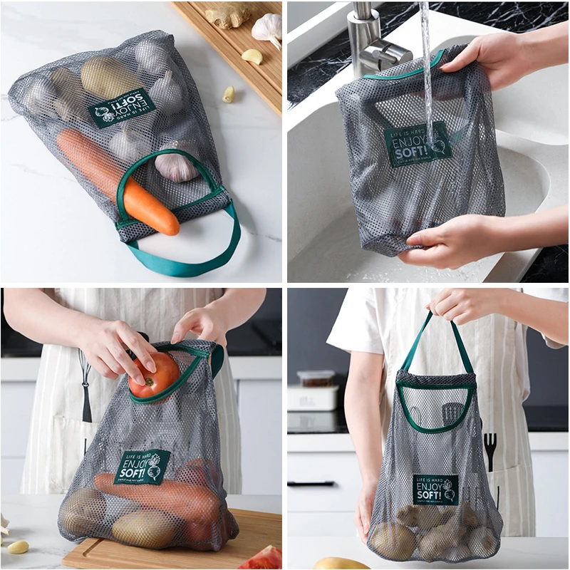  Összecsukható függő tároló zseb Lélegző újrafelhasználható hálós táska Konyhai összecsukható fokhagymahagyma zöldségválogató táska szervező - 4
