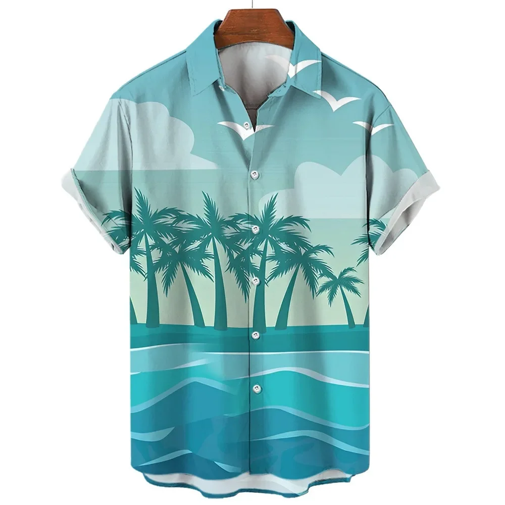 Új férfi Hawaii ing pálmafák nyomtatott trópusi stílusú tengerparti rövid ujjú pólófelsők plusz méret hajtókás pólók férfiaknak nyár - 0