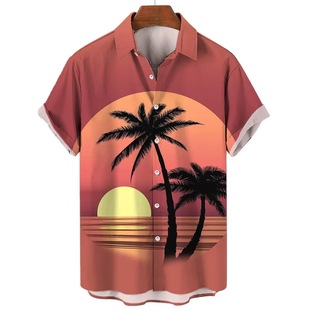 Új férfi Hawaii ing pálmafák nyomtatott trópusi stílusú tengerparti rövid ujjú pólófelsők plusz méret hajtókás pólók férfiaknak nyár - 2