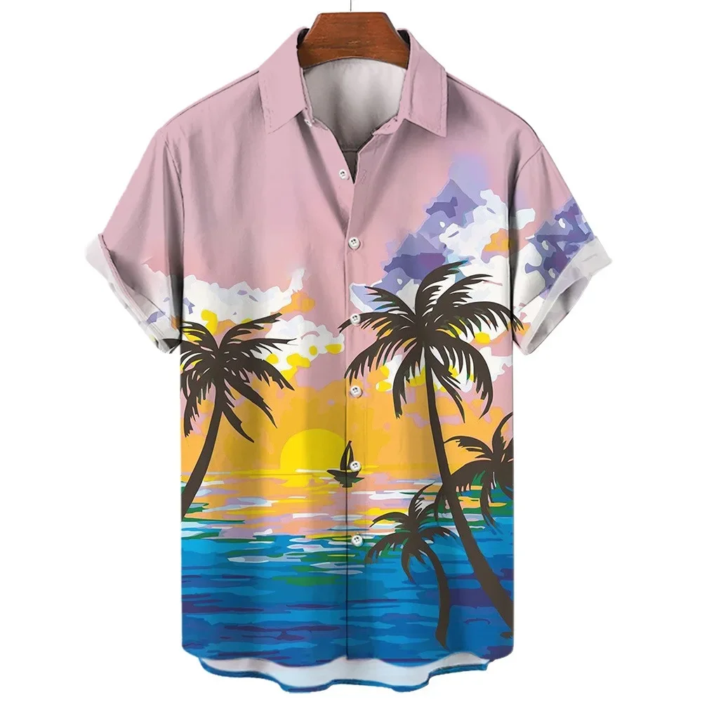 Új férfi Hawaii ing pálmafák nyomtatott trópusi stílusú tengerparti rövid ujjú pólófelsők plusz méret hajtókás pólók férfiaknak nyár - 3