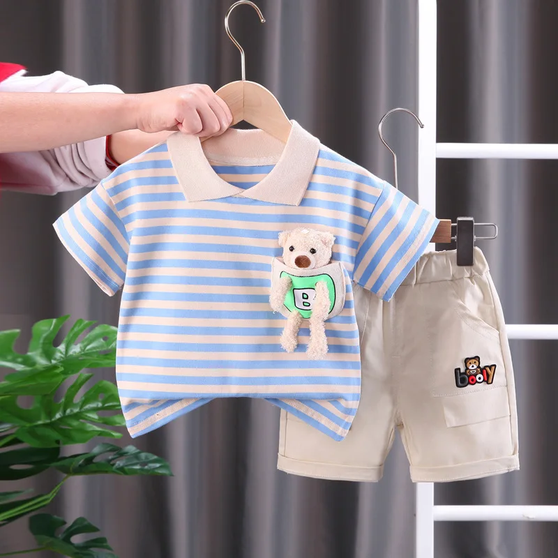 Új nyári divat Babaruha öltöny Gyermek fiú csíkos póló rövidnadrág 2db/szett kisgyermek alkalmi pamut jelmez gyerek tréningruha - 1
