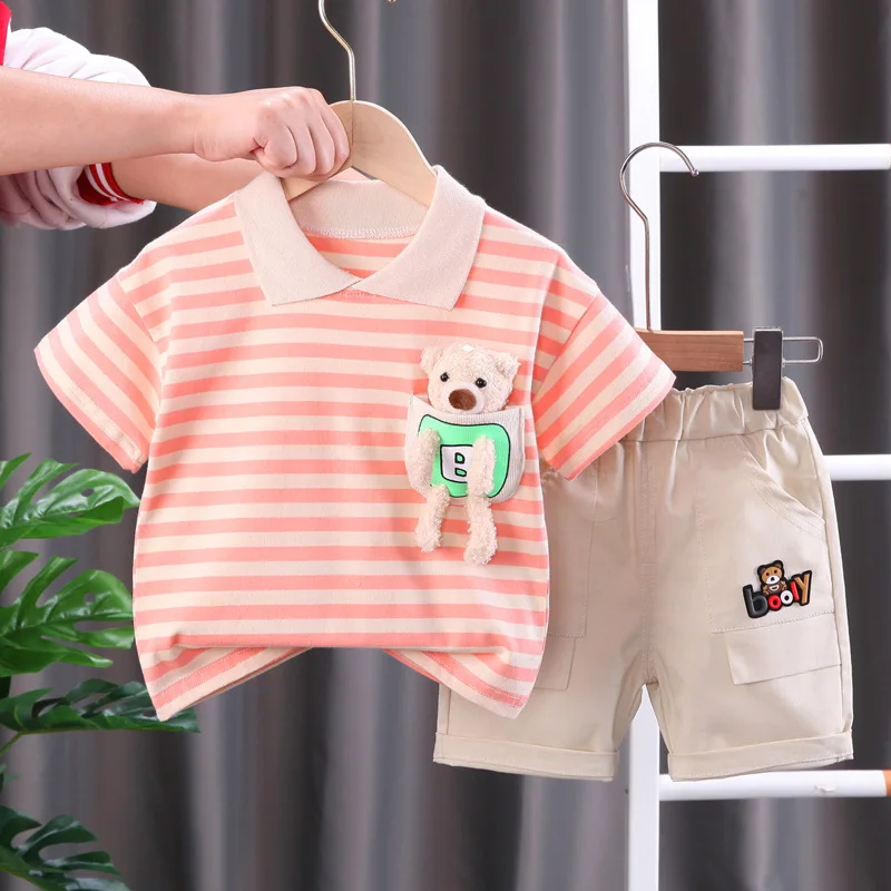 Új nyári divat Babaruha öltöny Gyermek fiú csíkos póló rövidnadrág 2db/szett kisgyermek alkalmi pamut jelmez gyerek tréningruha - 2