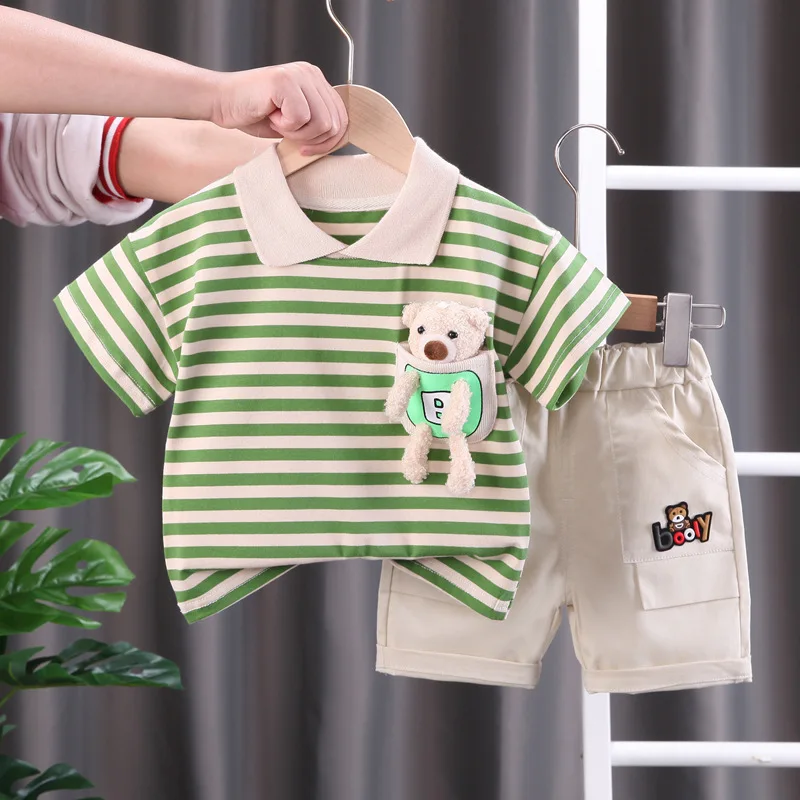 Új nyári divat Babaruha öltöny Gyermek fiú csíkos póló rövidnadrág 2db/szett kisgyermek alkalmi pamut jelmez gyerek tréningruha - 3
