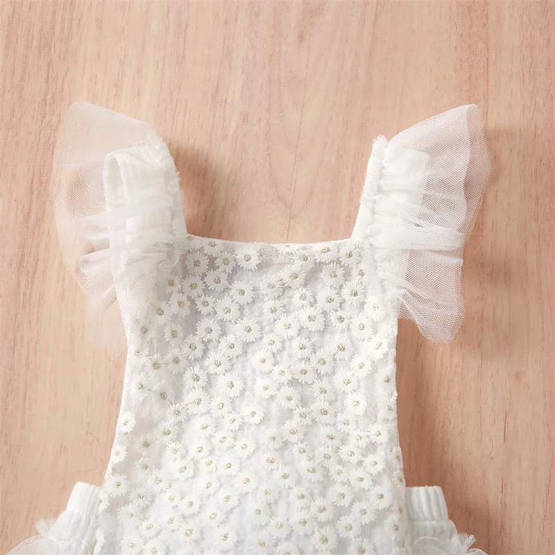 Újszülött csecsemő kislányok aranyos romper hímzett virág százszorszép mintás fodros tüll ujjú hát nélküli jumpsuit bodyt - 2
