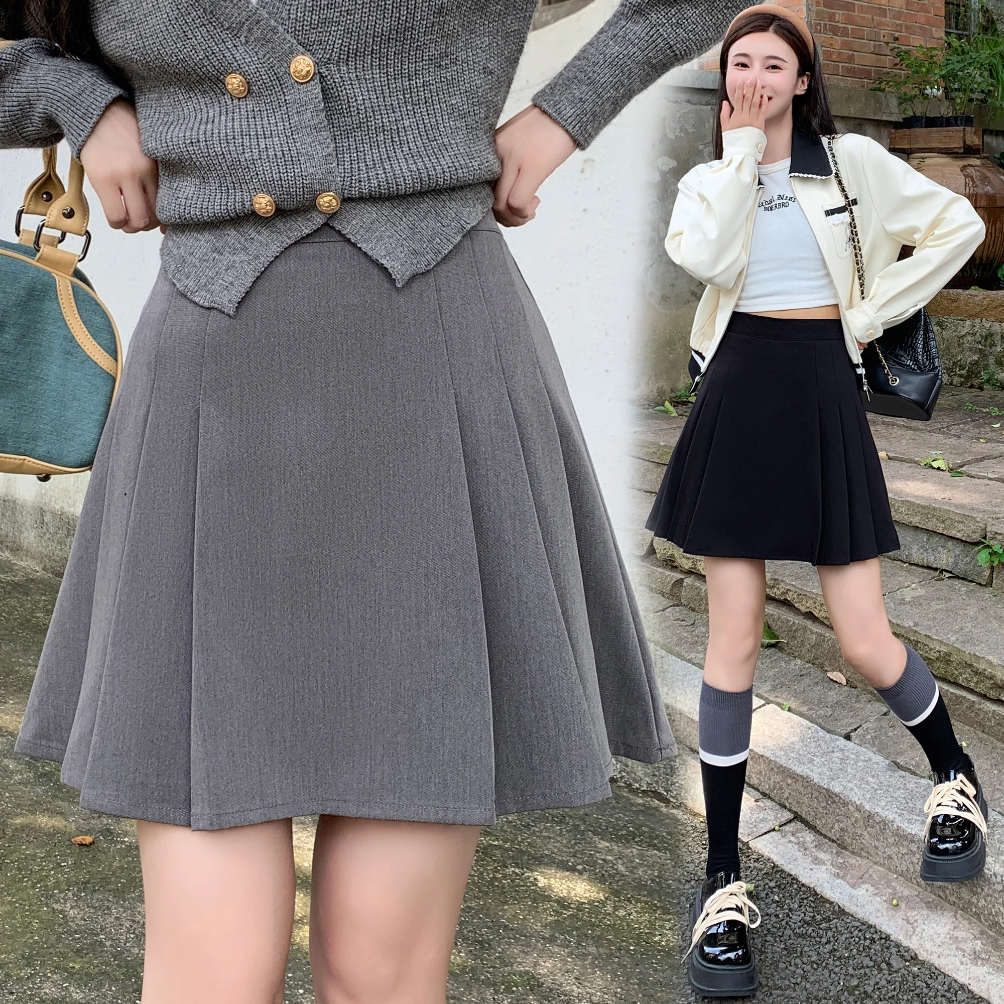 Őszi koreai stílusú egyszínű magas derékú A-vonalú csípőcsomagolás divatredők elegáns, minden mérkőzésen irodai hölgy öltöny rakott szoknya - 0
