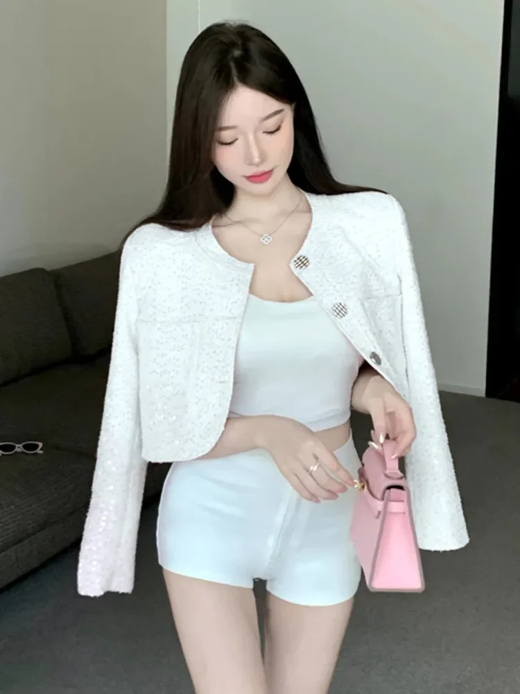 Őszi tél Új koreai divat temperamentum tweed kabát nőknek Francia luxus flitteres kis illatos kabát rövid felsőruházat - 1