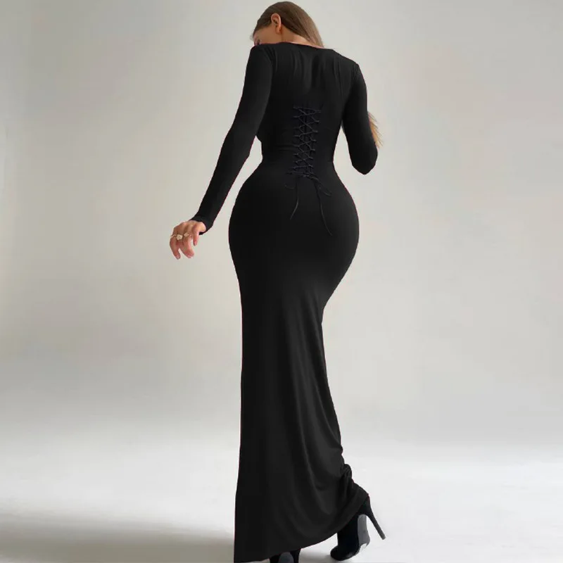 Őszi téli hosszú ujjú fekete Party Club Maxi női ruha szögletes gallér kötszer bodycon estélyi hosszú ruhák Vestido ajándék - 2