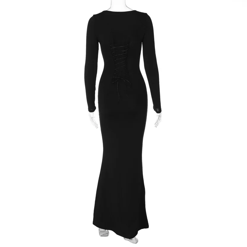 Őszi téli hosszú ujjú fekete Party Club Maxi női ruha szögletes gallér kötszer bodycon estélyi hosszú ruhák Vestido ajándék - 5